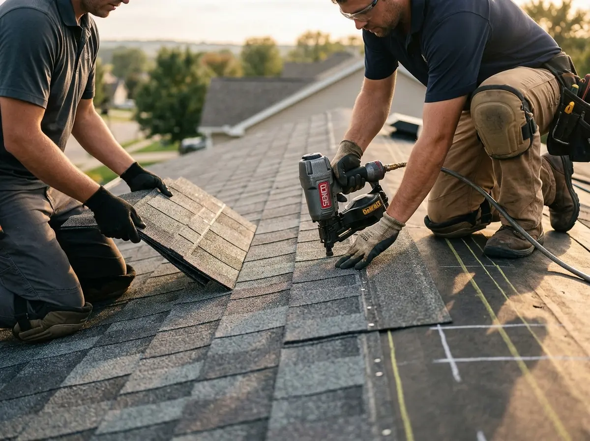 Professional roofer working on a residential roof in Bruce